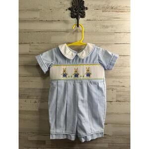 REMEMBER NGUYEN BLUE AND WHITE STRIPE RABBIT SMOCKED ROMPER  SIZE 12 MONTHS